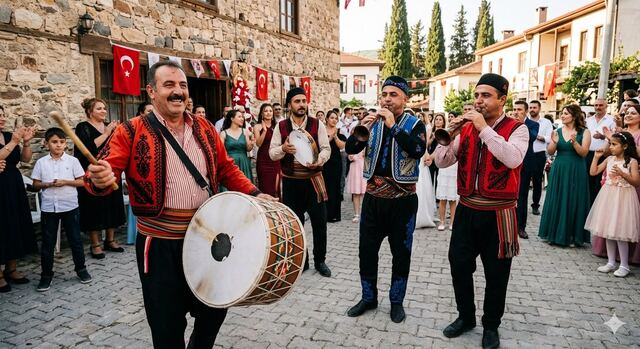 Düğün alayında davul zurna ekibi, sokakta kalabalık misafirler